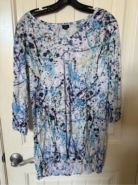 Shana Watercolor Splash V-Neck Blouse - Blue & Teal